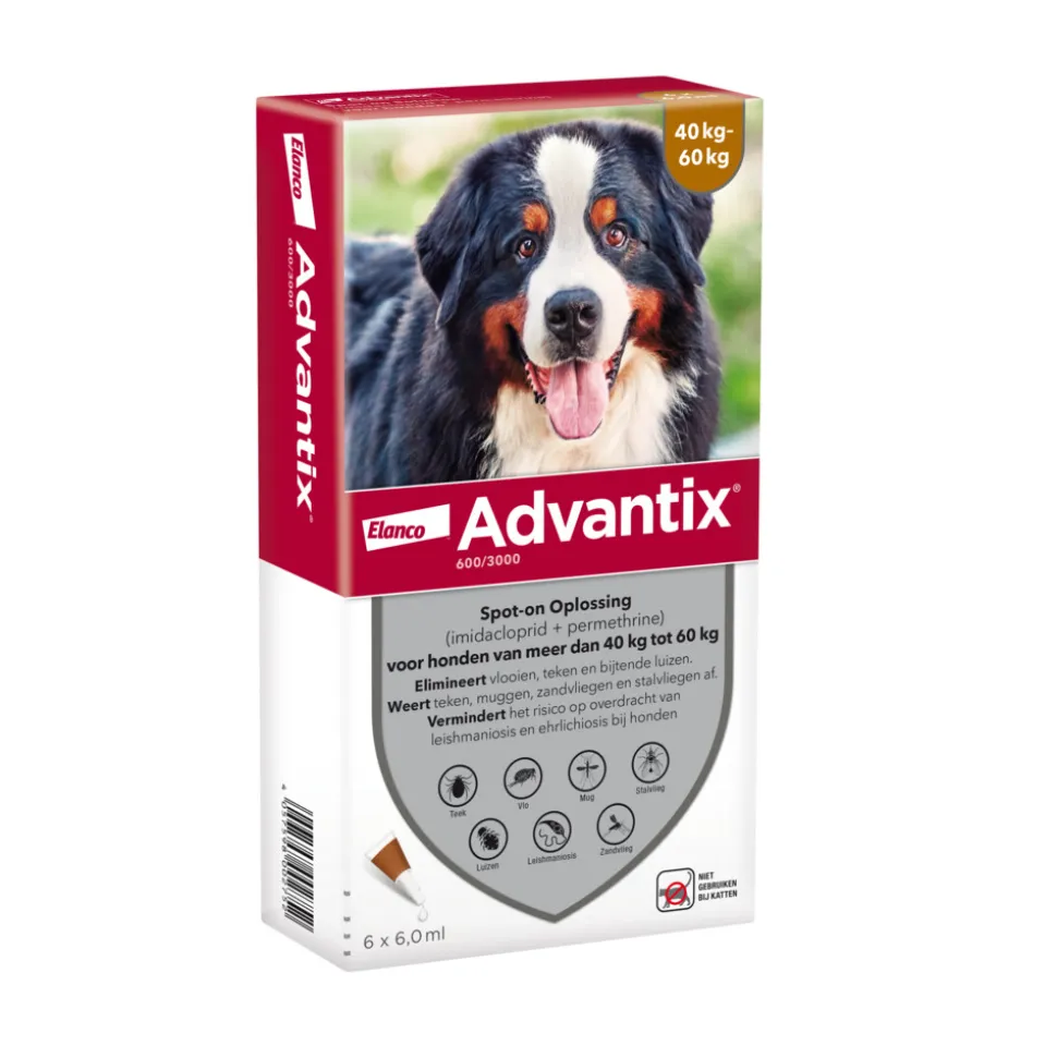Advantix Spot On 600 Anti Vlooien en Teken Druppels Hond 40 - 60 kg 6 pipetten