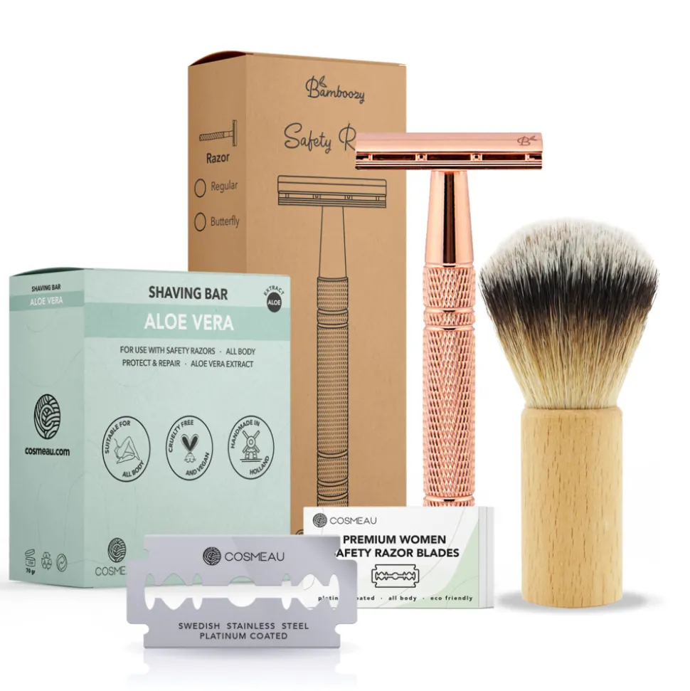 Bamboozy Safety Razor Aluminium Starterkit + Scheerkwast + Scheerzeep Rosé Goud 1 set