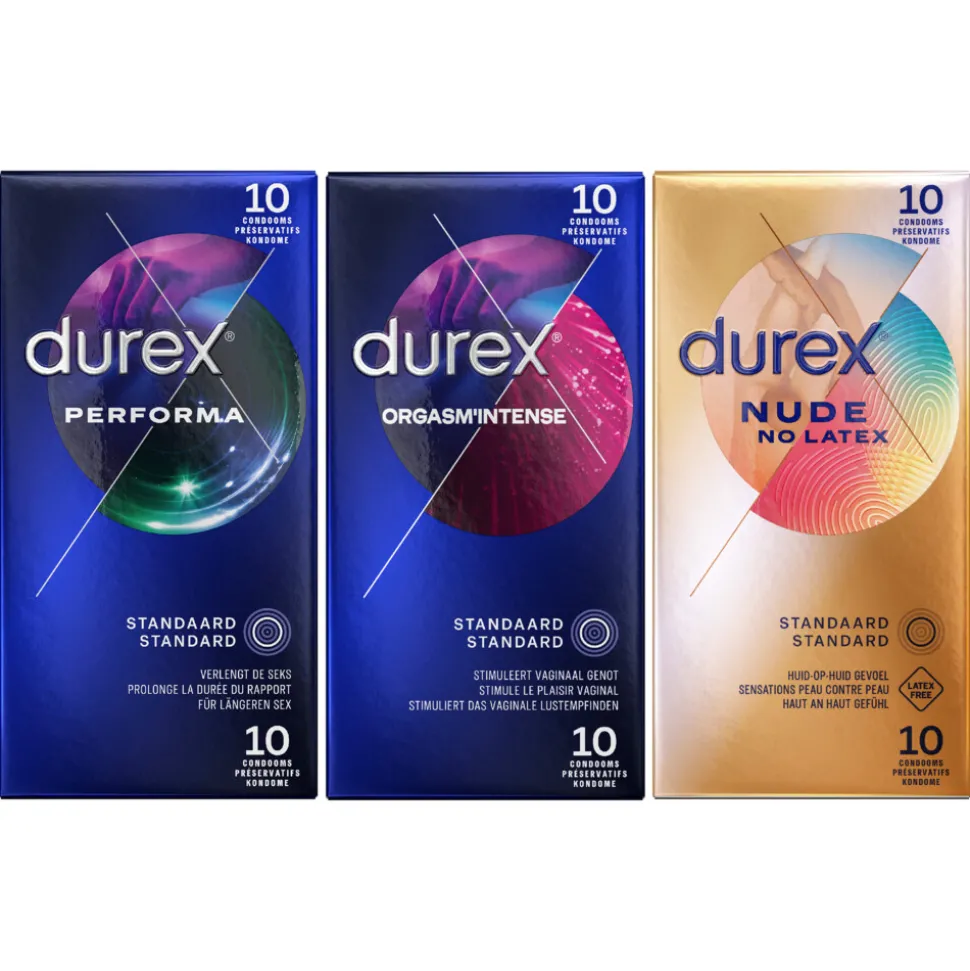 Durex Orgasm Intense Condooms 10 stuks, Performa Condooms 10 stuks & Nude No Latex Condooms 1 stuks Pakket