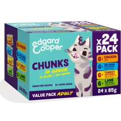 Edgard & Cooper Adult Chunks Kattenvoer Nat Kip & Zalm & Kalkoen & Lam 24 x 85 gr