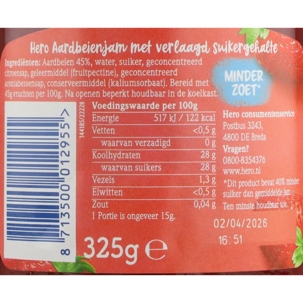 Hero Jam Minder Zoet Aardbeien 325 gr