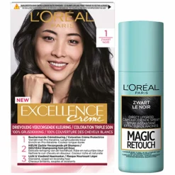 L'Oréal Excellence Creme 1 Zwart + Magic Retouch Uitgroeispray Zwart 75 ml Pakket