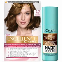 L'Oréal Excellence Creme Haarverf 5.3 Licht Goudbruin + Magic Retouch Uitgroeispray Goud Middenbruin 75 ml Pakket