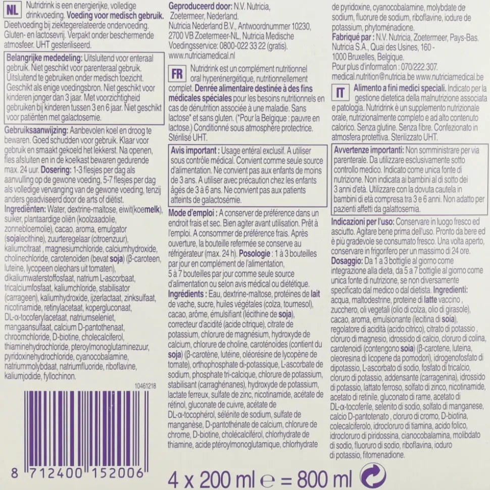 Nutricia Nutridrink Chocolade 4 x 200 ml