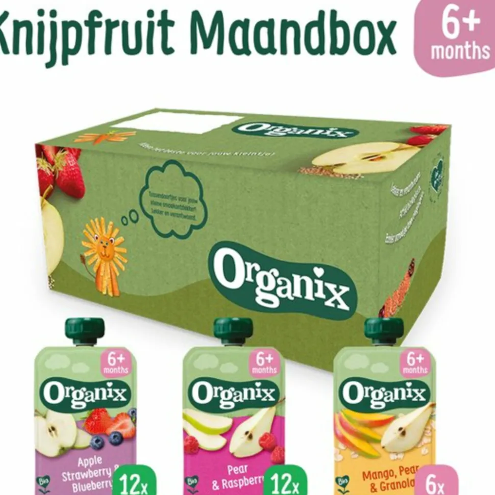 Organix Knijpfruit Maandbox 6+ mnd - Appel Aardbei & Blauwe Bes 12 x 100 gr + Peer & Framboos 12 x 100 gr + Mango Peer & Granola 6 x 100 gr Pakket