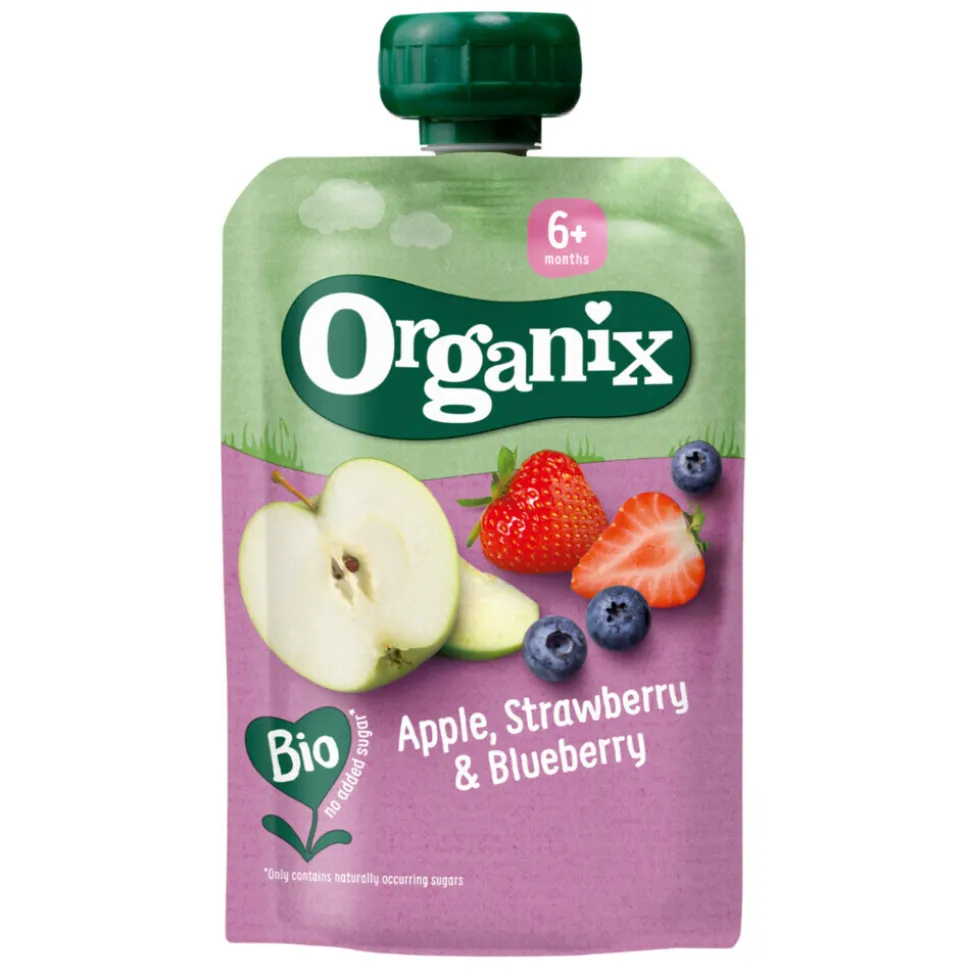 Organix Knijpfruit Maandbox 6+ mnd - Appel Aardbei & Blauwe Bes 12 x 100 gr + Peer & Framboos 12 x 100 gr + Mango Peer & Granola 6 x 100 gr Pakket