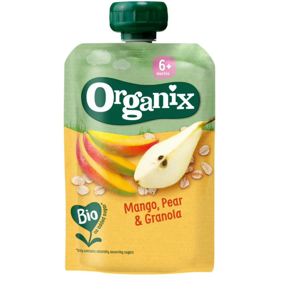 Organix Knijpfruit Maandbox 6+ mnd - Appel Aardbei & Blauwe Bes 12 x 100 gr + Peer & Framboos 12 x 100 gr + Mango Peer & Granola 6 x 100 gr Pakket
