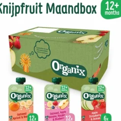 Organix Knijpfruit Maandbox 12+ mnd - Havermout Abrikoos & Banaan 12 x 100 gr + Haver Appel & Banaan 12 x 100 gr + Appel Aardbei & Quinoa 6 x 100 gr Pakket
