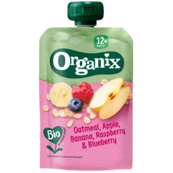 Organix Knijpfruit Maandbox 12+ mnd - Havermout Abrikoos & Banaan 12 x 100 gr + Haver Appel & Banaan 12 x 100 gr + Appel Aardbei & Quinoa 6 x 100 gr Pakket