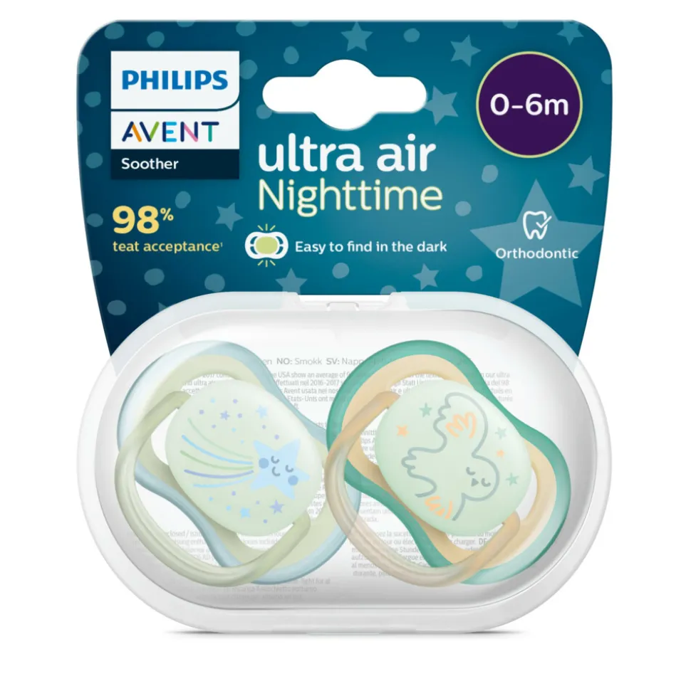 Philips Avent Fopspeen Ultra Air Nighttime 0-6 mnd Ster Uil 2 stuks