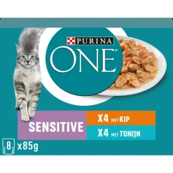 Purina ONE Adult Sensitive Kattenvoer Nat Kip & Tonijn 8 x 85 gr
