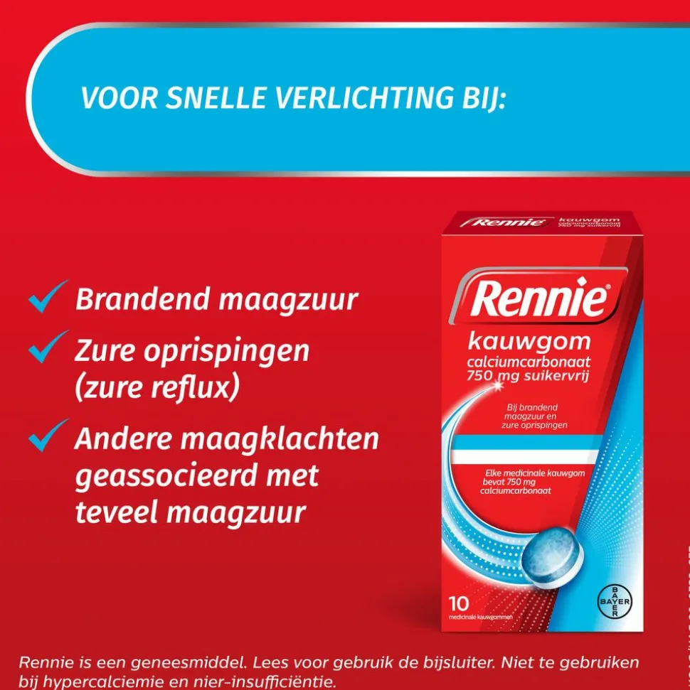Rennie Kauwgom Calciumcarbonaat 750mg Suikervrij 10 stuks