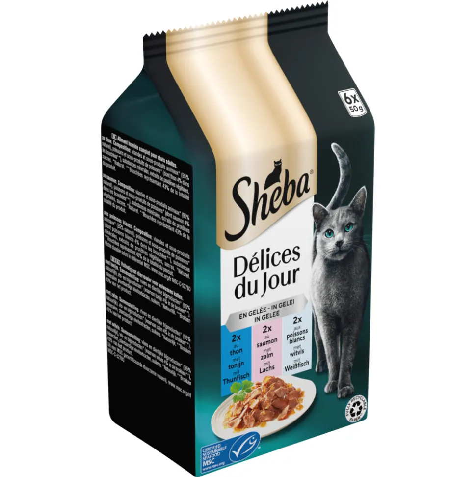 Sheba Délices Du Jour Kattenvoer Nat Selectie Maaltijdzakjes Multipack Gevogelte in Gelei 6x50 gr