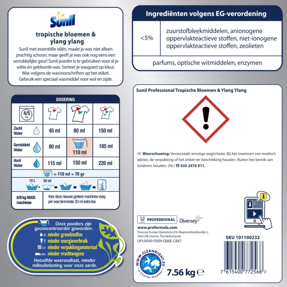 Sunil Professional Wasmiddel Poeder Tropische Bloemen & Ylang Ylang - 108 Wasbeurten Pro Formula 7,56 kg