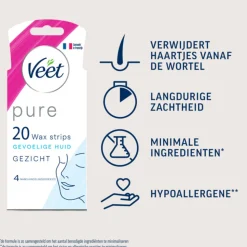 Veet Koude Waxstrips Pure Gezicht Hypoallergeen 20 stuks