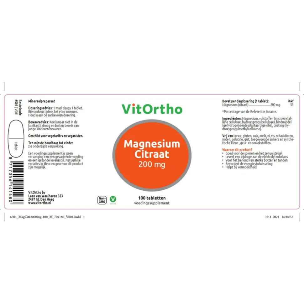 Vitortho Magnesium Citraat 200 mg 100 tabletten