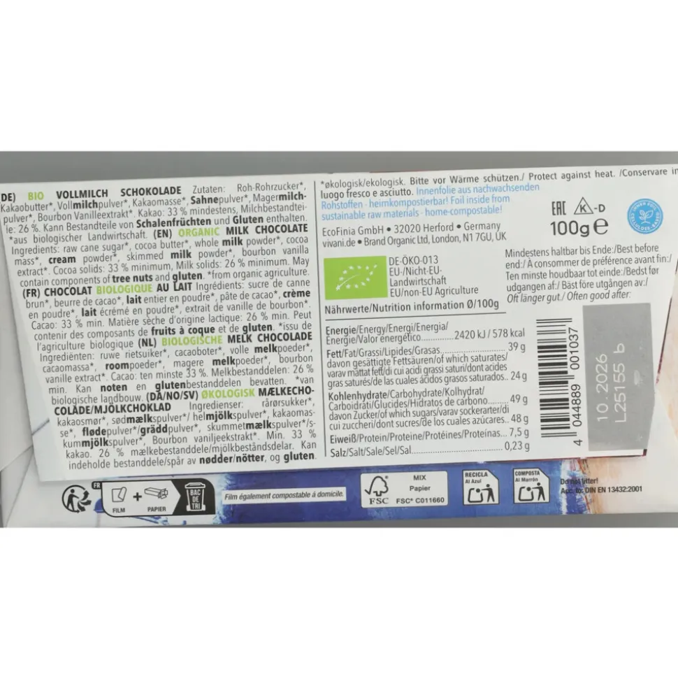 Vivani Chocoladereep Melk 100 gr