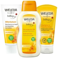 Weleda Baby Musthave - Calendula Verzorgende Olie 1 x 200 ml, Billenbalsem 1 x 75 ml & Babyshampoo & Douchecrème 1 x 200 ml - Pakket