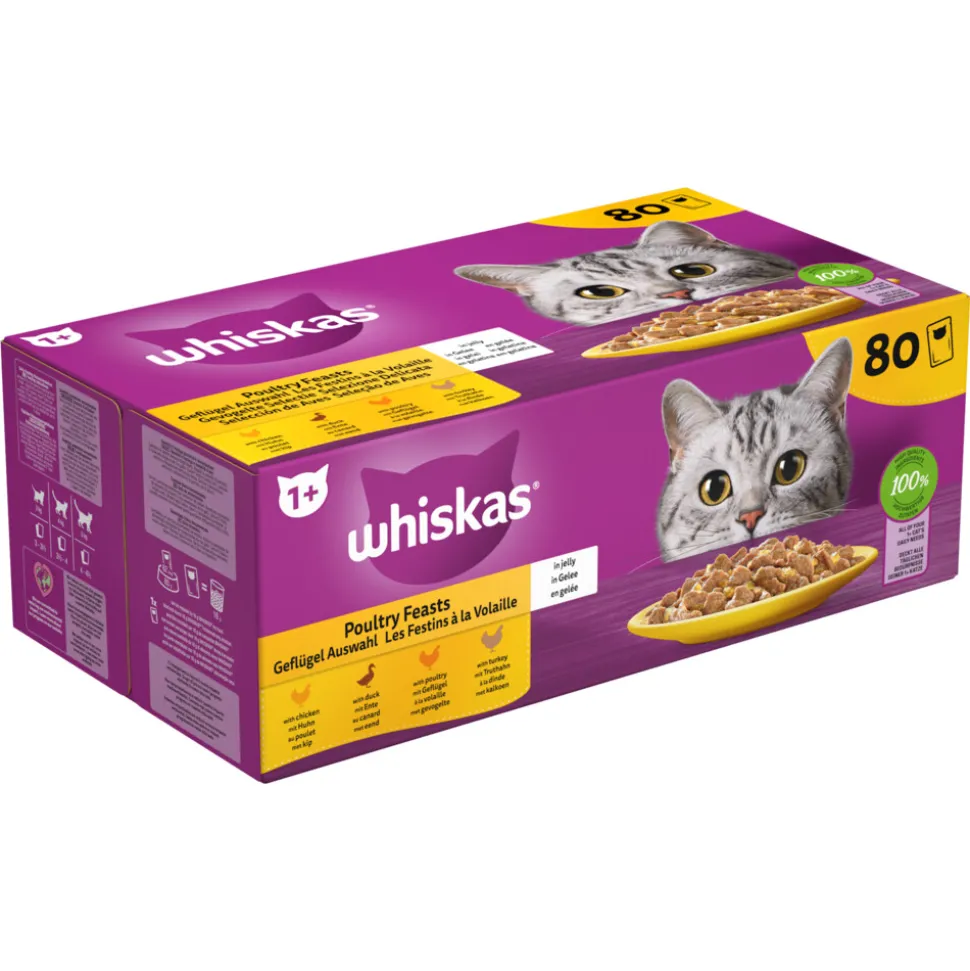 Whiskas Adult 1+ Kattenvoer Nat Maaltijdzakjes Multipack Gevogelte Selectie in Gelei 80x85 gr