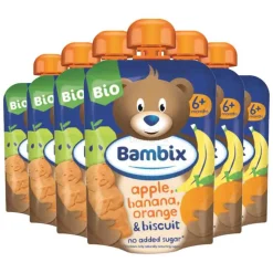 6x Bambix Knijpzakje Appel, Banaan, Sinaasappel&Koekjes Bio 6M+ 100 gr