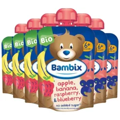 6x Bambix Knijpzakje Appel Banaan Framboos & Blauwe Bes Bio 6M+ 100 gr