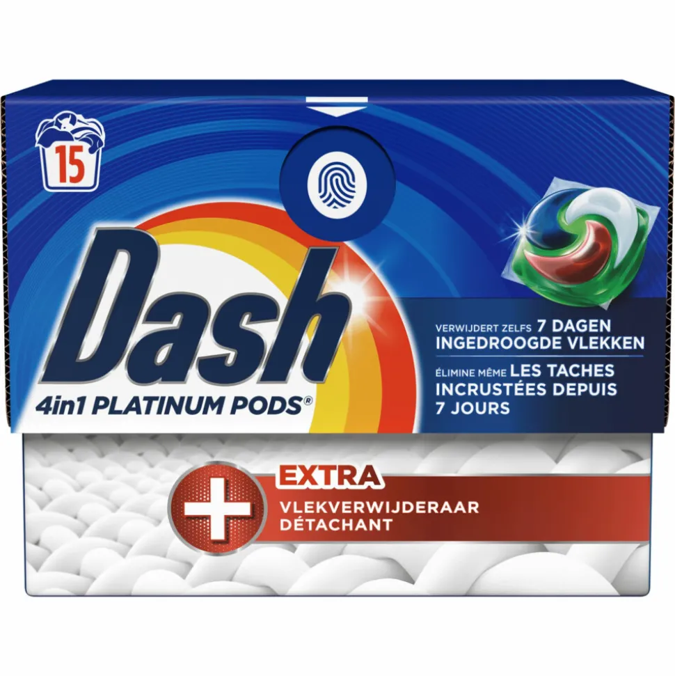 4x Dash Wasmiddelcapsules 4in1 Platinum Pods +Extra Vlekkenverwijderaar 15 stuks