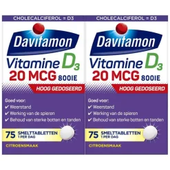 2x Davitamon Vitamine D3 20MCG Hoog Gedoseerd 75 smelttabletten