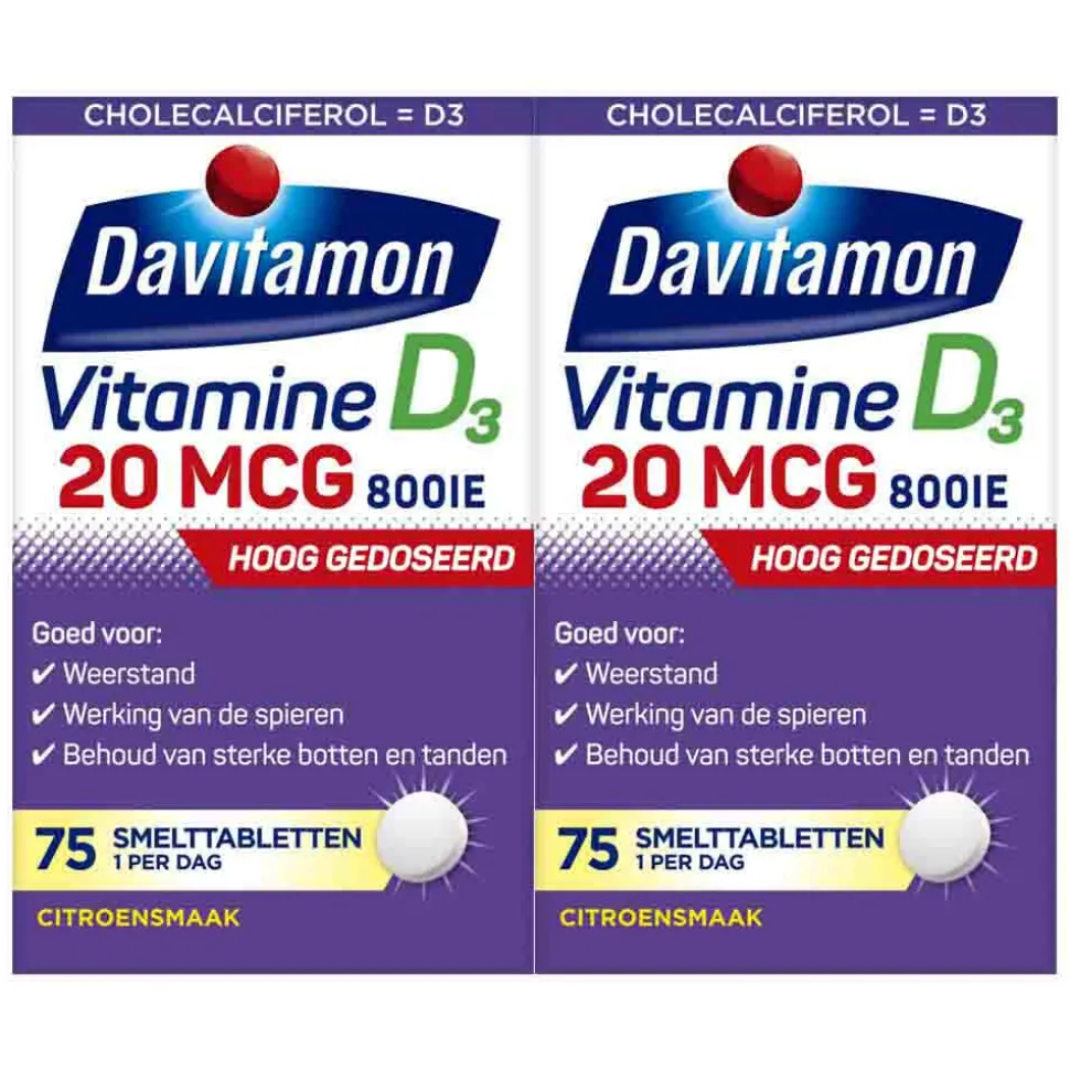 2x Davitamon Vitamine D3 20MCG Hoog Gedoseerd 75 smelttabletten