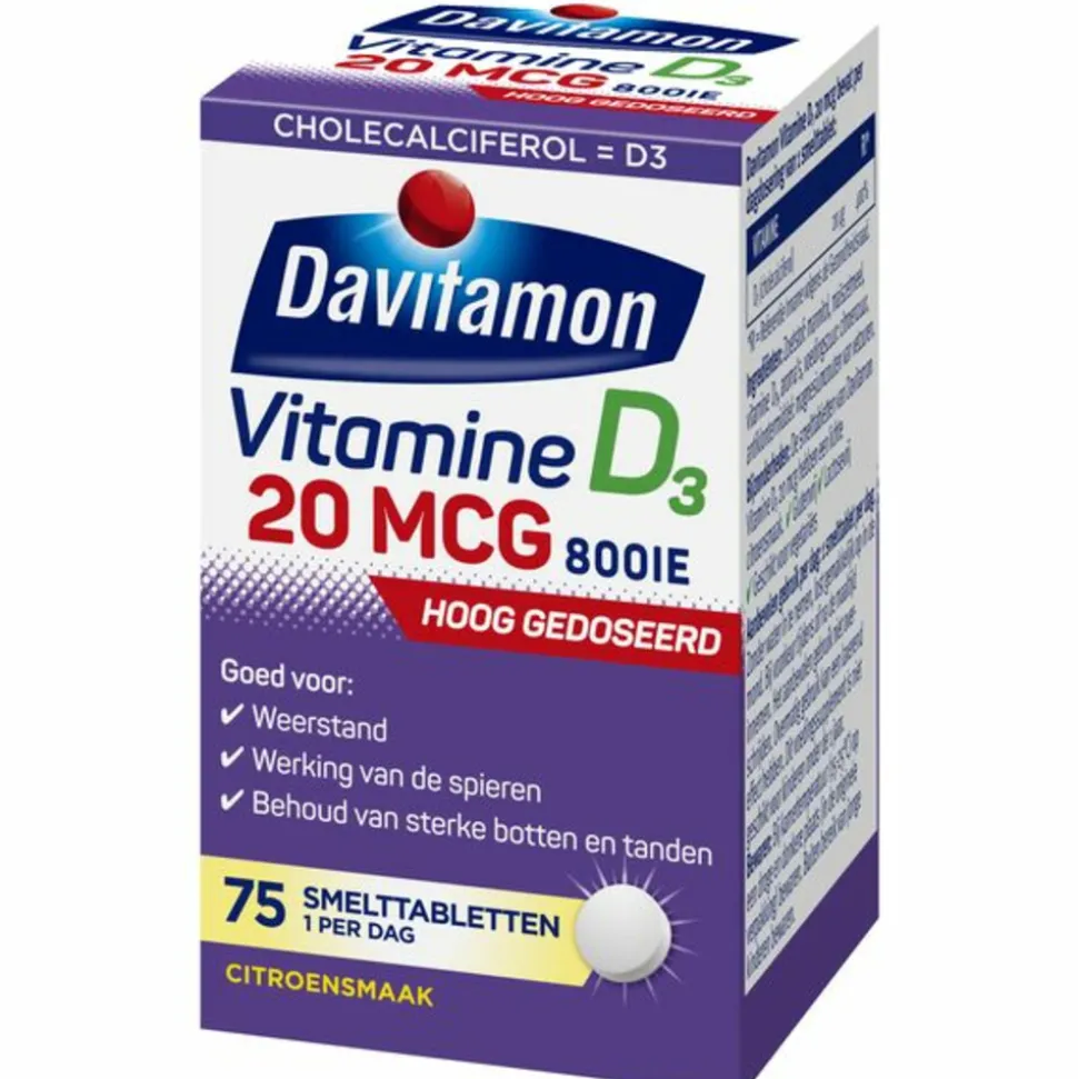2x Davitamon Vitamine D3 20MCG Hoog Gedoseerd 75 smelttabletten