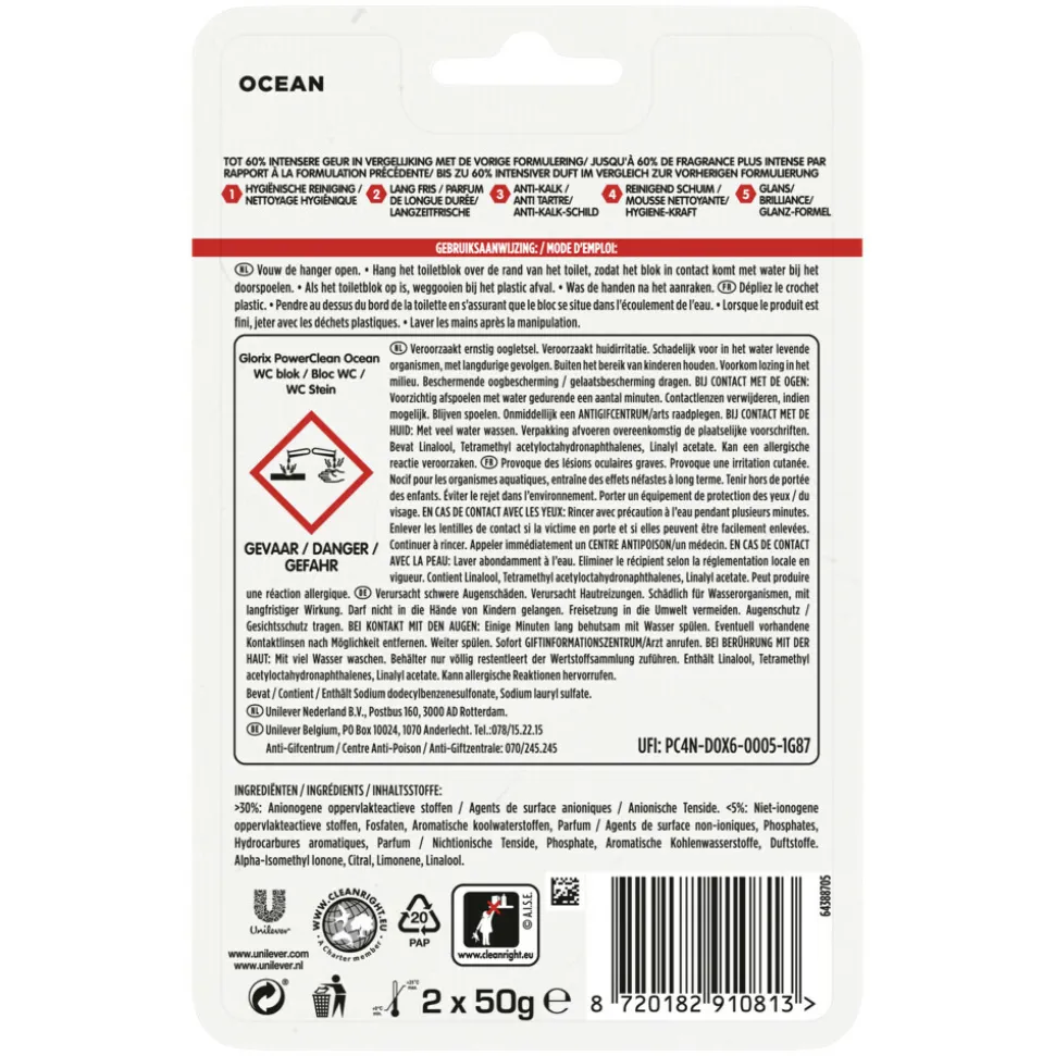 7x Glorix Toiletblok Power Clean Ocean 2 stuks