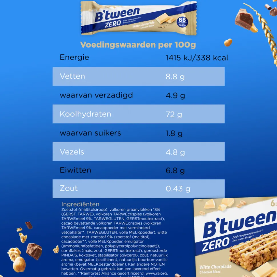 6x Hero B'tween Mueslireep Zero Witte Chocolade 6x20 gr