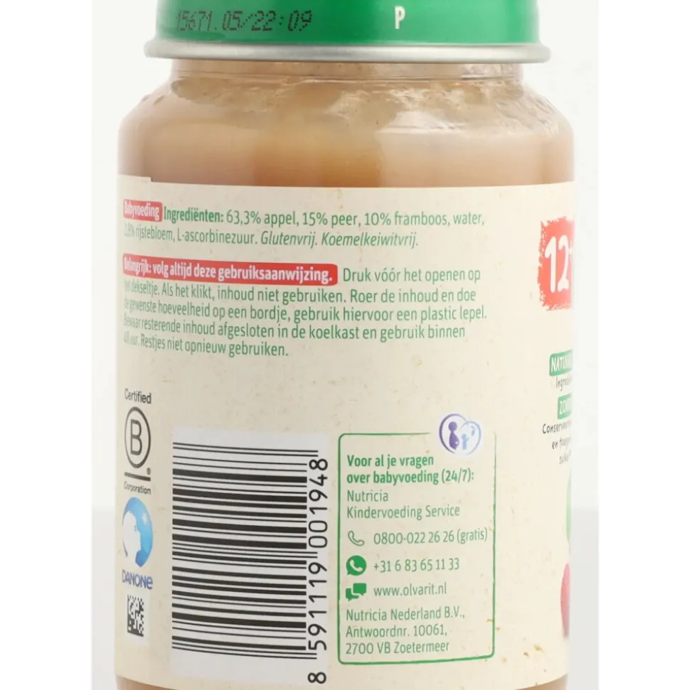 6x Olvarit Fruithapje 12m Appel Peer Framboos 200 gr