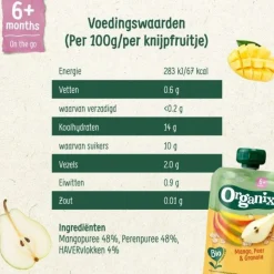6x Organix Knijpfruit 6+m Mango Peer & Granola 100 gr