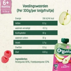 6x Organix Knijpfruit 6+m Peer & Framboos 100 gr