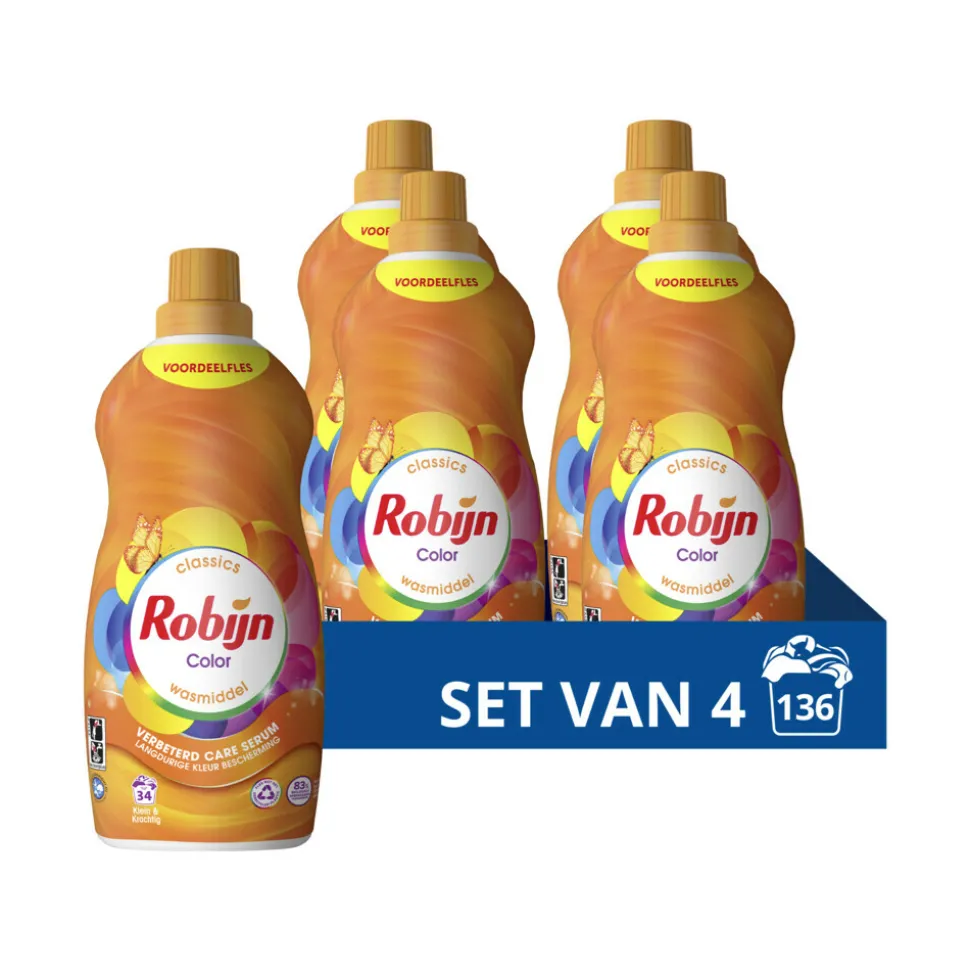 4x Robijn Klein & Krachtig Wasmiddel Color 34 Wasbeurten 1,19 liter