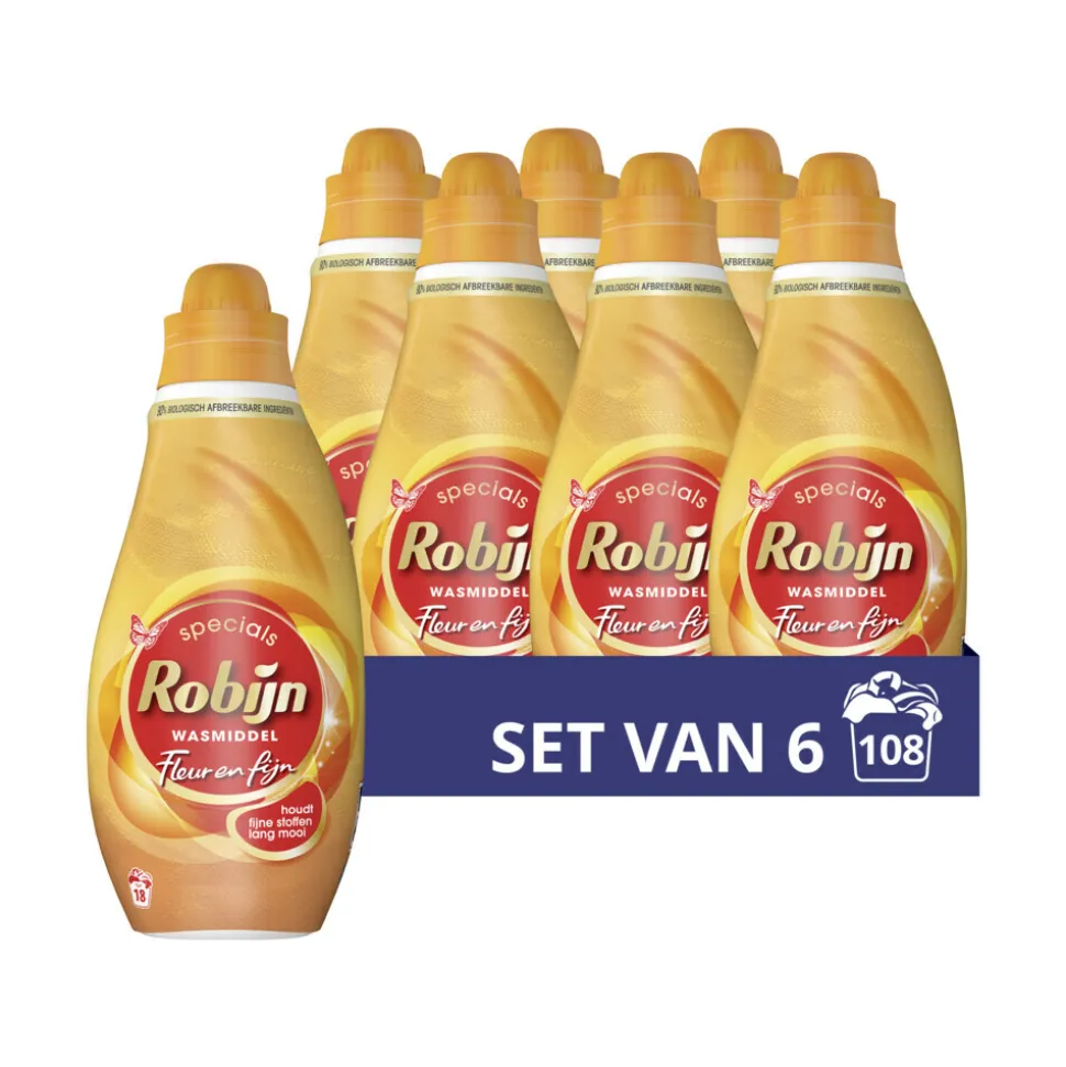6x Robijn Vloeibaar Wasmiddel Fleur en Fijn 18 Wasbeurten 720 ml