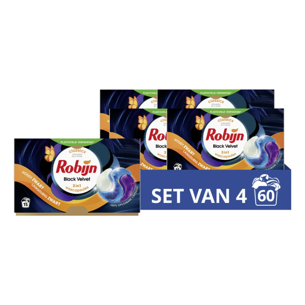 4x Robijn Wascapsules 3-in1 Black Velvet 15 stuks