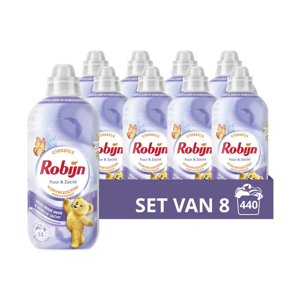 8x Robijn Wasverzachter Puur & Zacht 55 Wasbeurten 1100 ml
