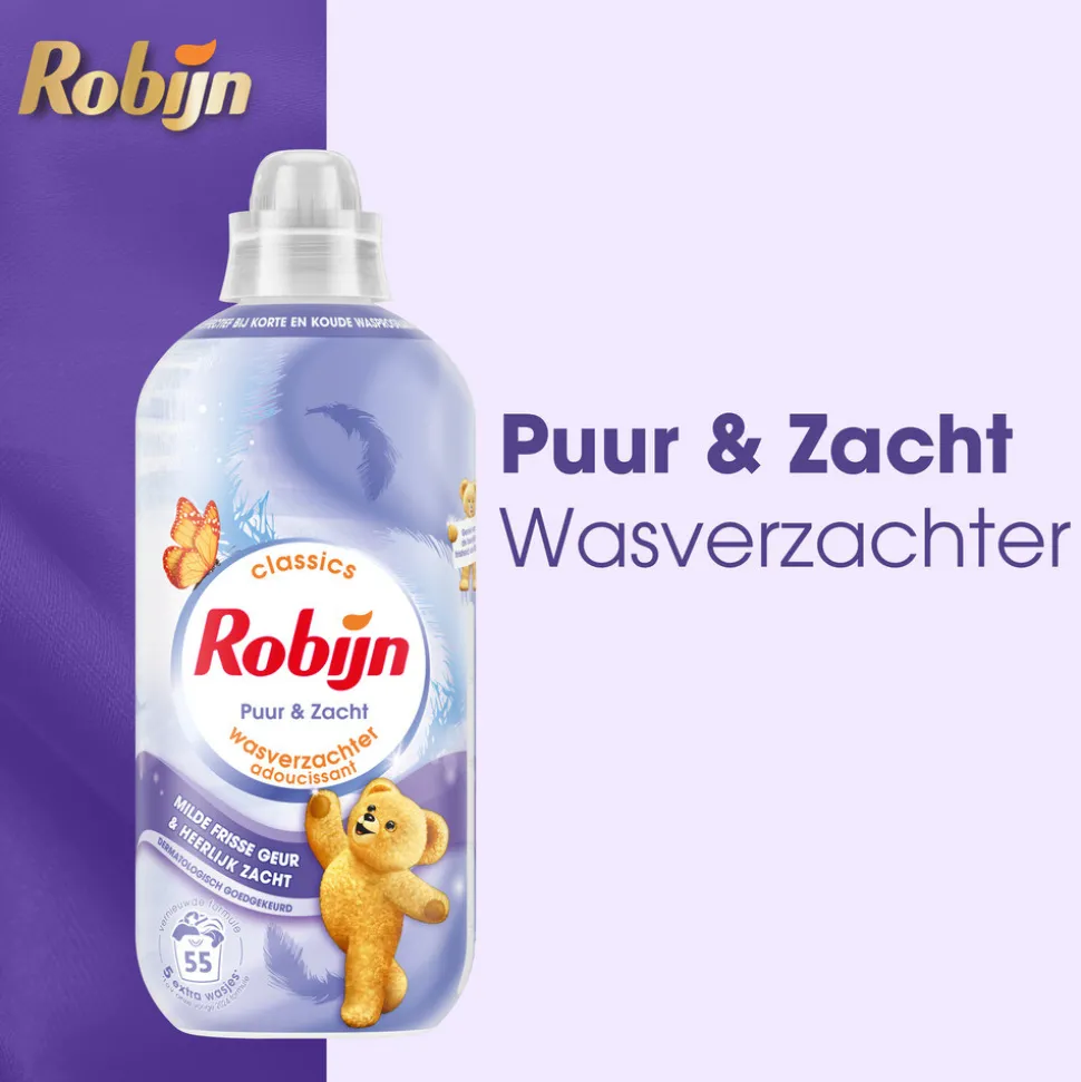 8x Robijn Wasverzachter Puur & Zacht 55 Wasbeurten 1100 ml